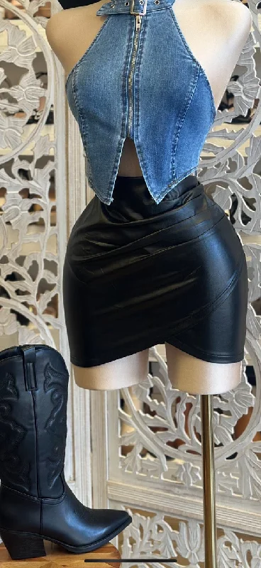 Draped Leather Mini Skirt- Estira, Stretchy