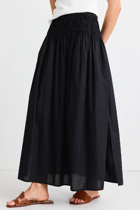 Finch Black Cotton Shirred Waist Maxi Skirt