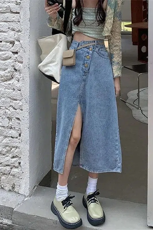 KittenAlarm - High Waist Irregular Split Denim Skirts