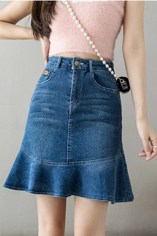 KittenAlarm - High Waist Mid Length Mermaid Denim Skirt