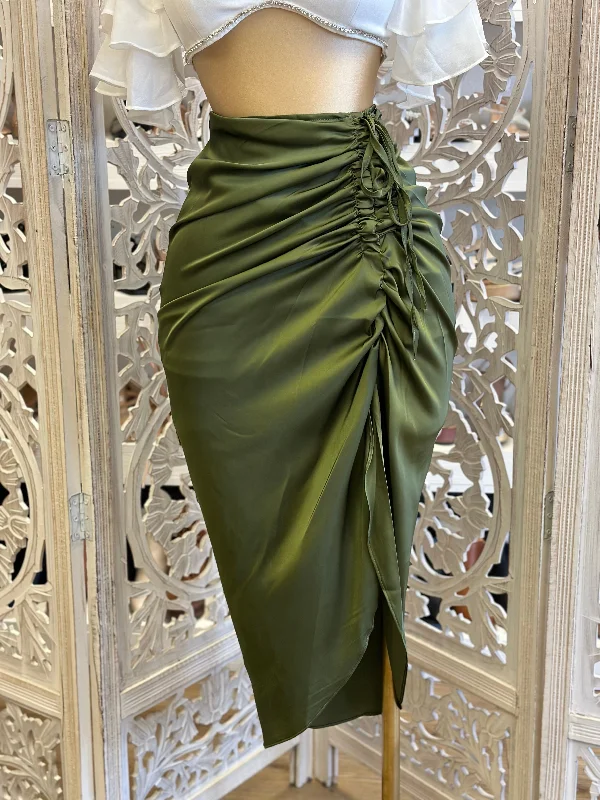 Olive Ruched Satin Midi Skirt- Stretchy