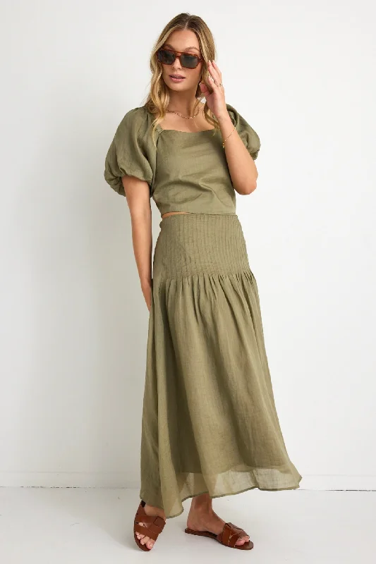 Pepe Khaki Linen Pintuck Waist Tiered Midi Skirt