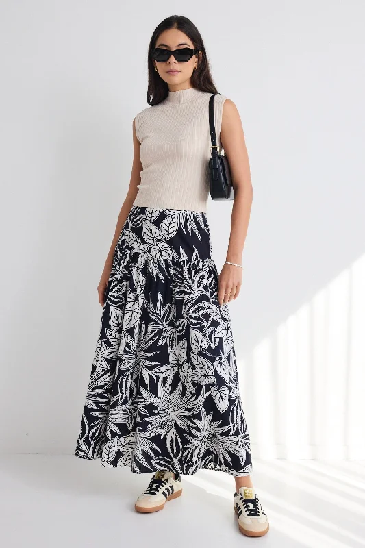 Pisces Black Leaf Tiered Maxi Skirt