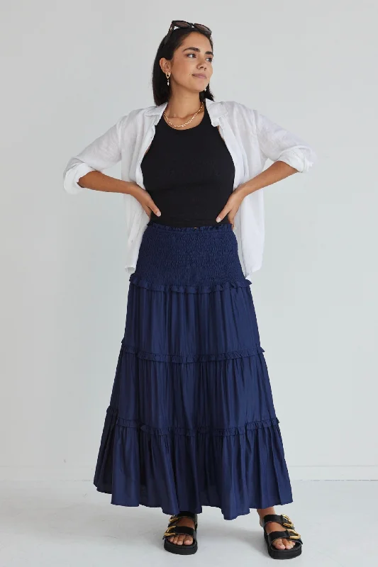 Soaring High Navy Washer Satin Shirred Waist Tiered Maxi Skirt