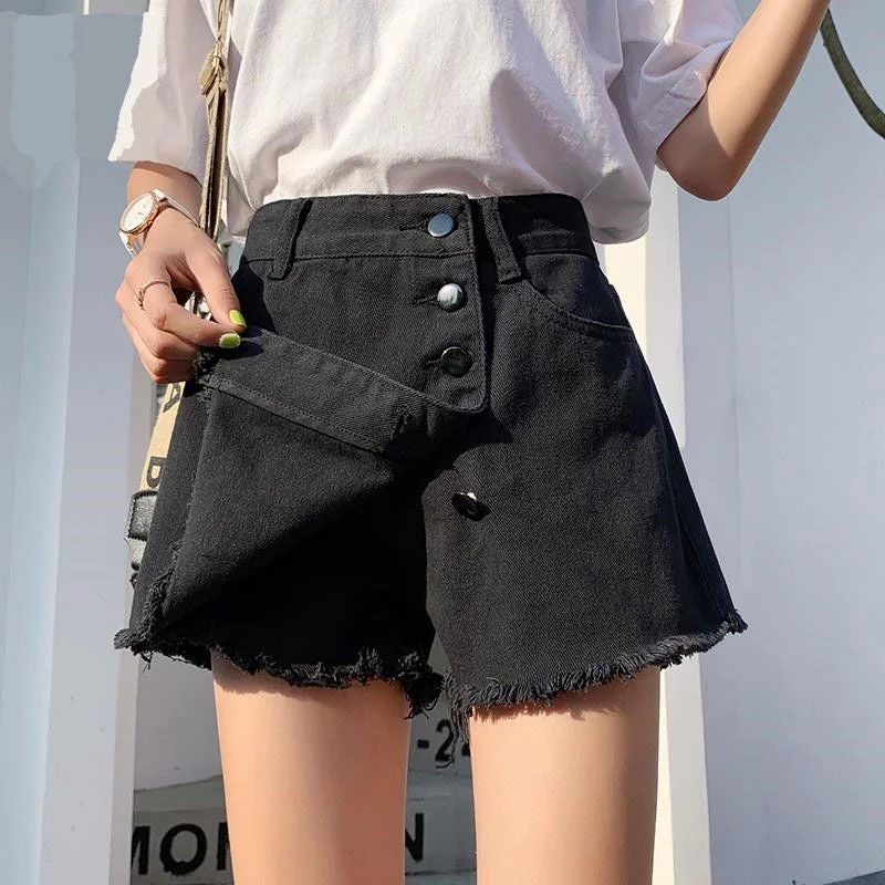 KittenAlarm - Solid Button Style Black Mini Denim Skirts