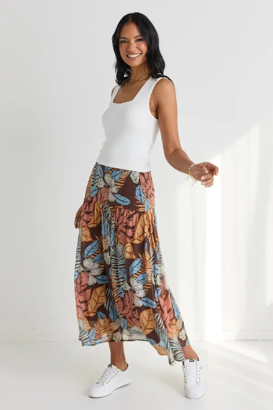 Sway Tropical Chocolate Print Flat Basque Midi Skirt