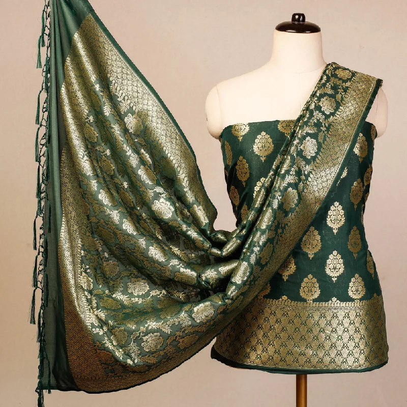 Green - 3pc Banarasi Jaal & Buti Cutwork Silk Zari Work Suit Material Set