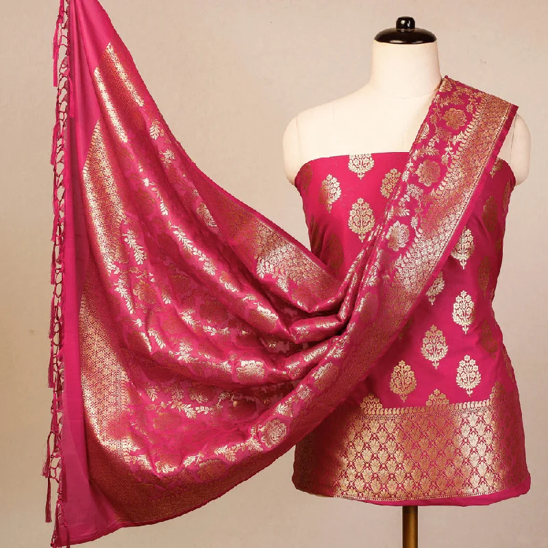 Pink - 3pc Banarasi Jaal & Buti Cutwork Silk Zari Work Suit Material Set