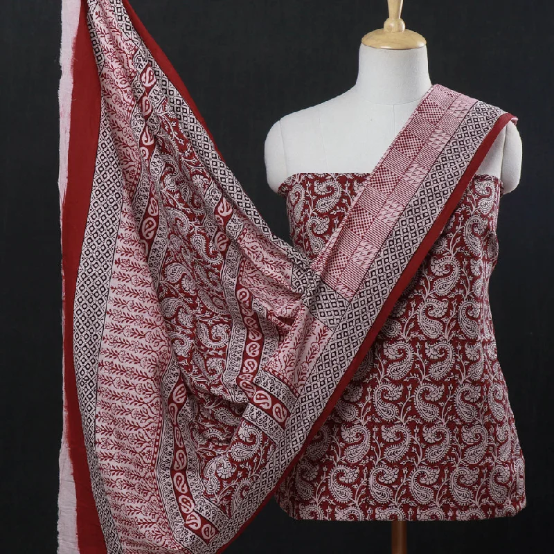 Red - 3pc Bagh Block Printed Natural Dyed Cotton Suit Material Set