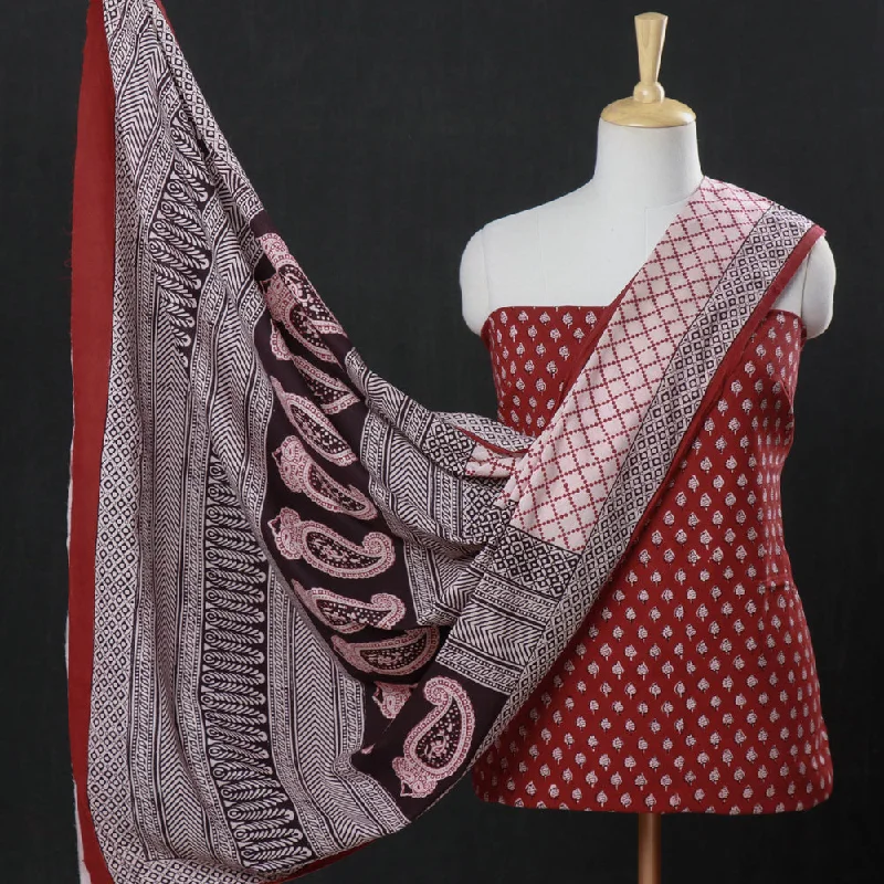 Red - 3pc Bagh Block Printed Natural Dyed Cotton Suit Material Set