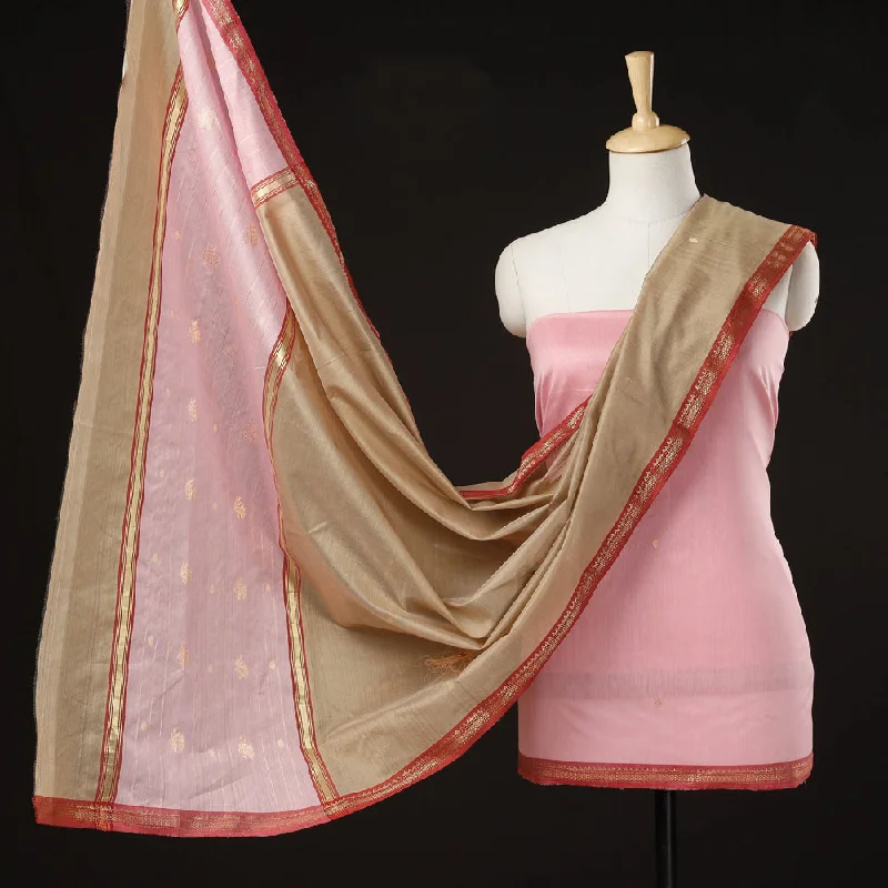 Pink - 3pc Chanderi Silk Handloom Zari Buti Suit Material Set with Nakshi Zari Border