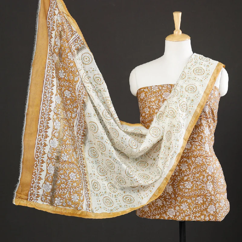 Brown - 3pc Sanganeri Block Printed Chanderi Silk Suit Material Set