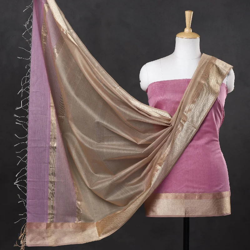 Purple - 2pc Maheshwari Silk Handloom Suit Material Set with Resham Zari Border