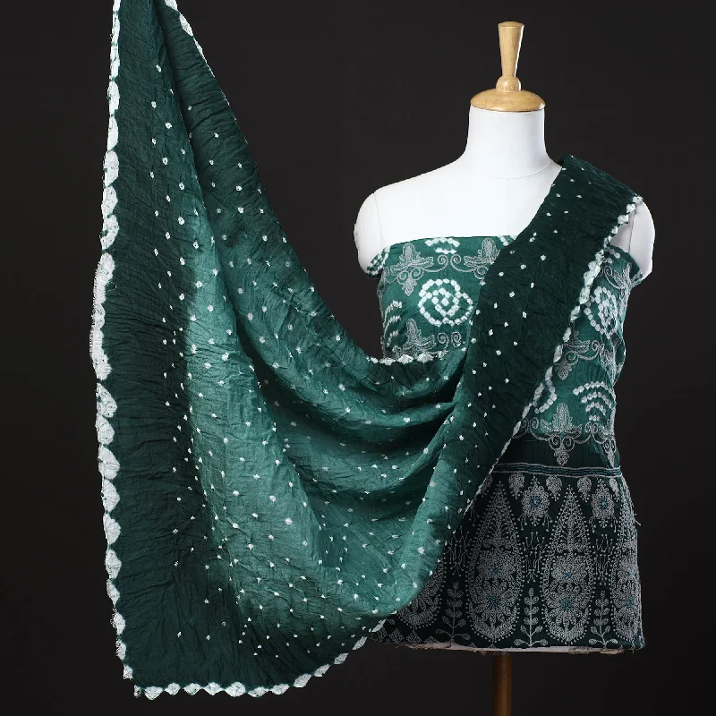 Green - 3pc Kutch Bandhani Tie-Dye Satin Cotton Suit Material Set