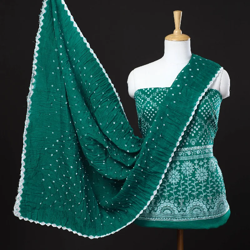 Green - 3pc Kutch Bandhani Tie-Dye Satin Cotton Suit Material Set