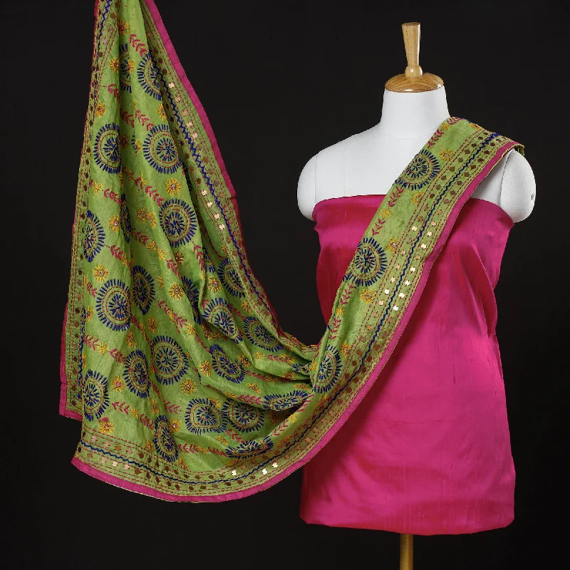 Pink - 2pc Plain Spun Dupion Silk Kurta with Phulkari Dupatta