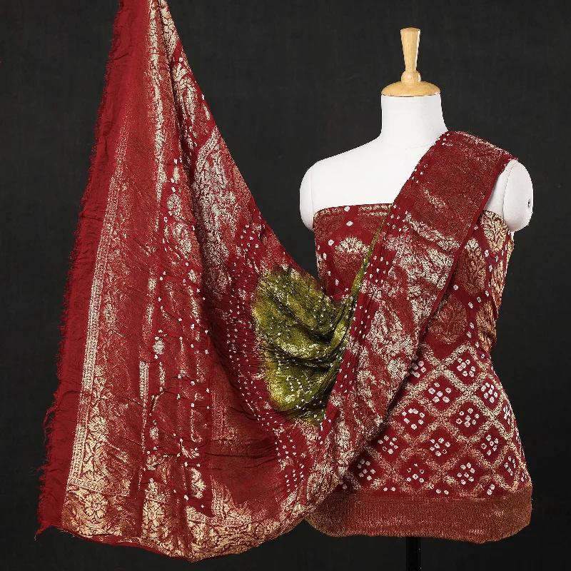 Maroon - 3pc Kutch Bandhani Tie & Dye Jacquard Silk Heavy Zari Work Suit Material Set