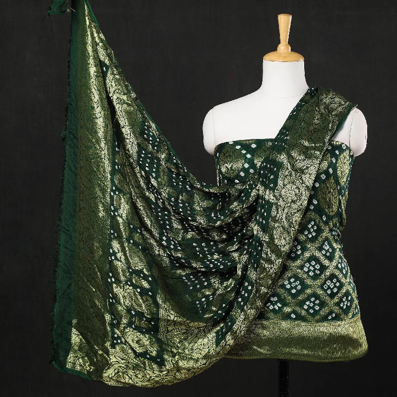 Green - 3pc Kutch Bandhani Tie & Dye Jacquard Silk Heavy Zari Work Suit Material Set