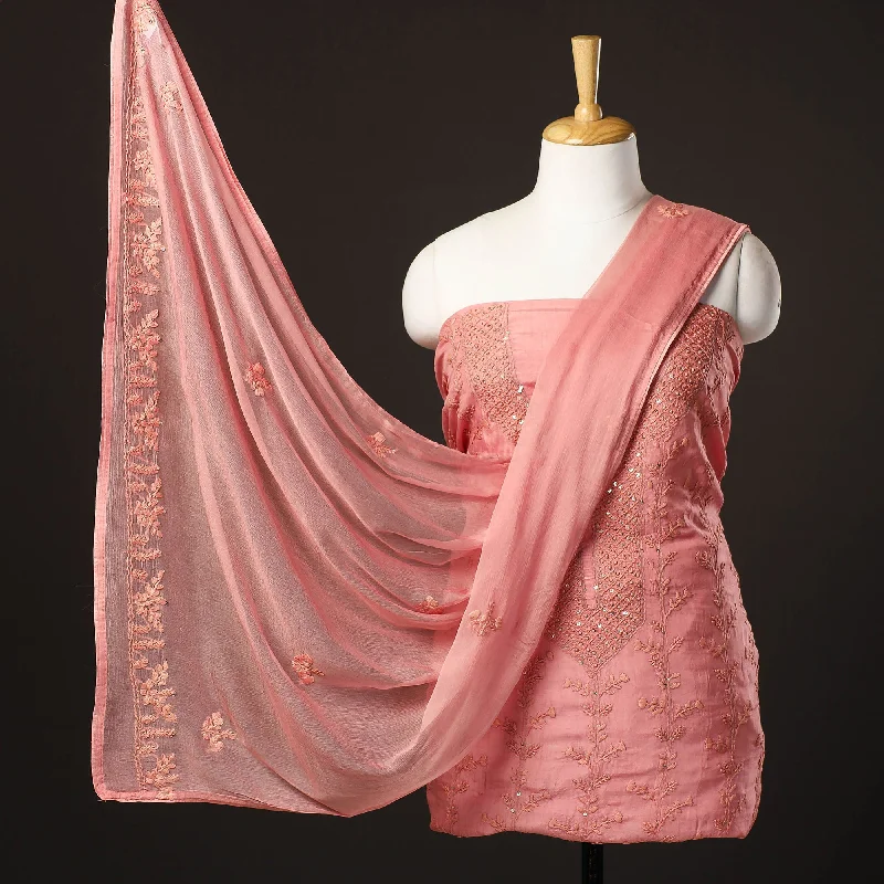 Peach - 3pc Hand Embroidery Dupion Silk Phulkari Dress Material 40