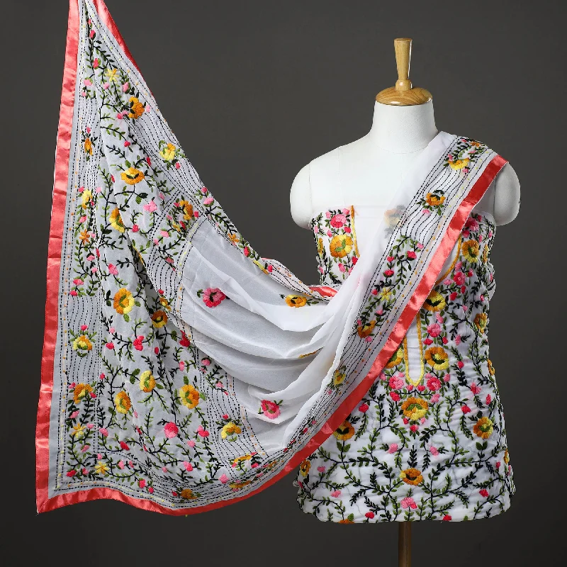 White - 3pc Hand Embroidery Georgette Phulkari Dress Material 23