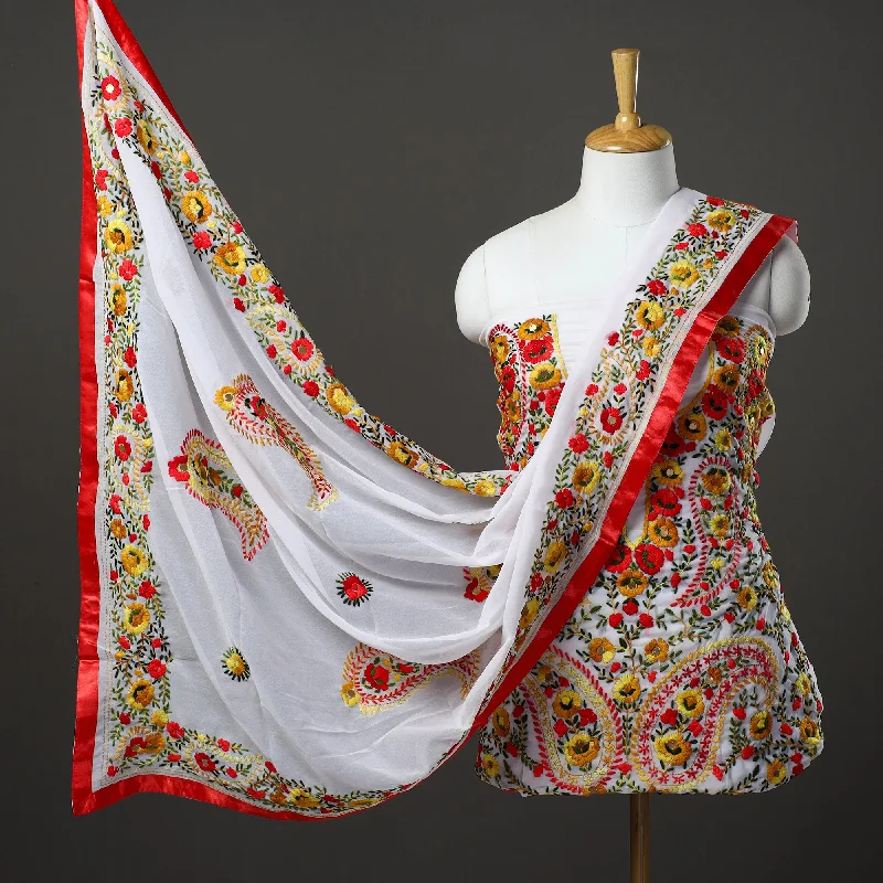 White -  3pc Hand Embroidery Georgette Phulkari Dress Material 41