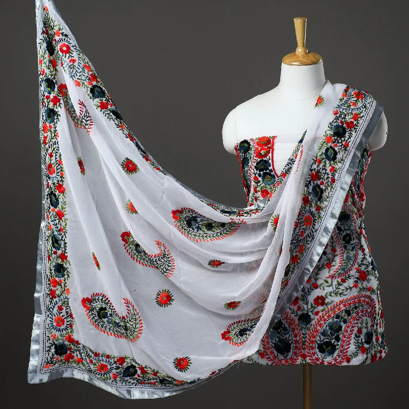 White - 3pc Hand Embroidery Georgette Phulkari Dress Material 42