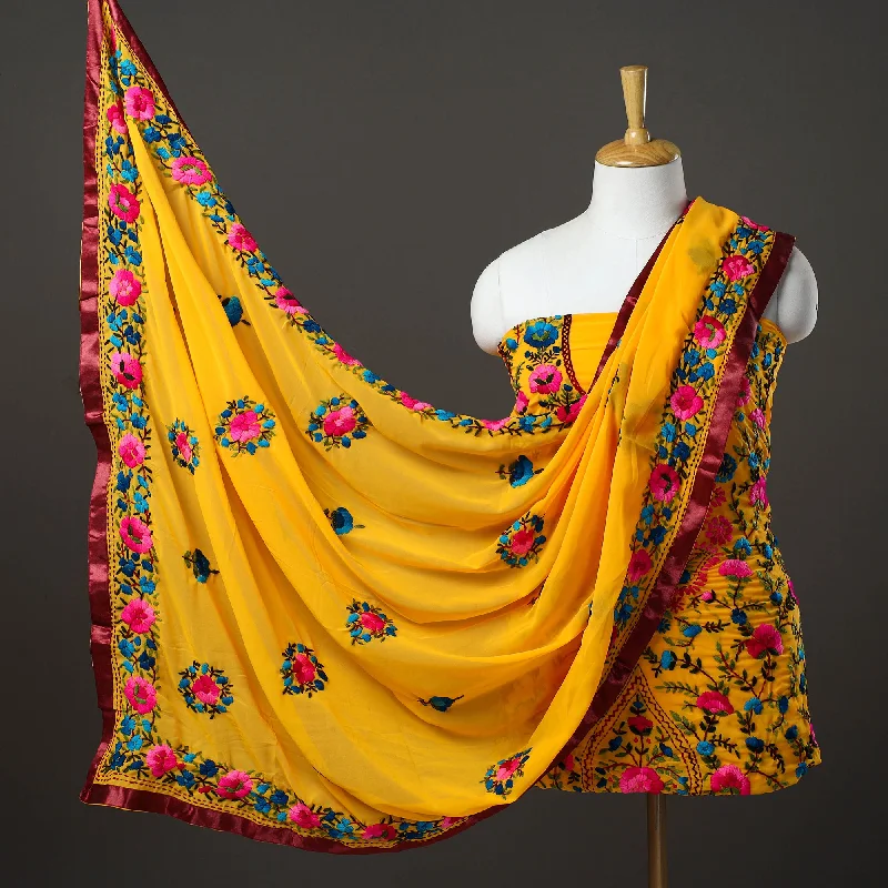 Yellow - 3pc Hand Embroidery Georgette Phulkari Dress Material 55