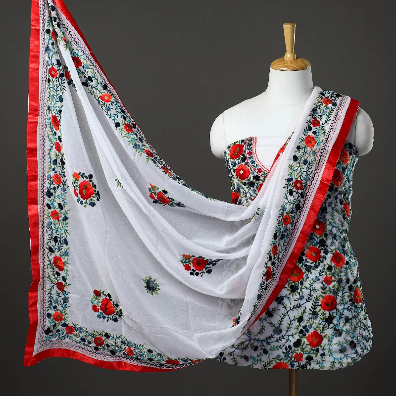 White - 3pc Hand Embroidery Georgette Phulkari Dress Material 64