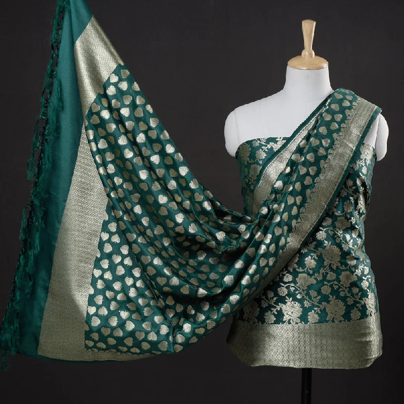 Green - 3pc Banarasi Jaal & Buti Cutwork Zari Work Silk Suit Material Set