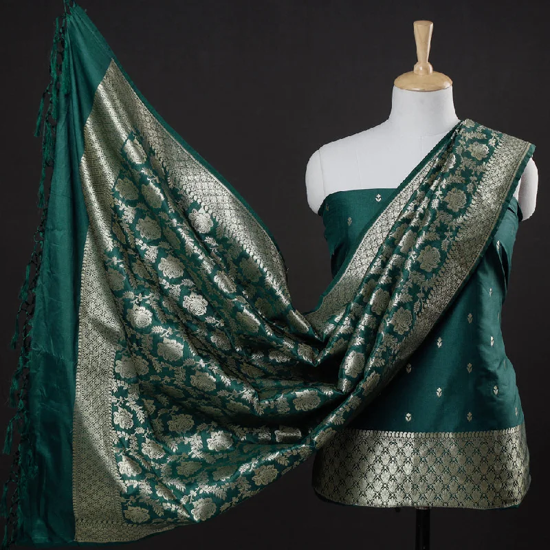 Green - 3pc Banarasi Jaal & Buti Cutwork Zari Work Silk Suit Material Set