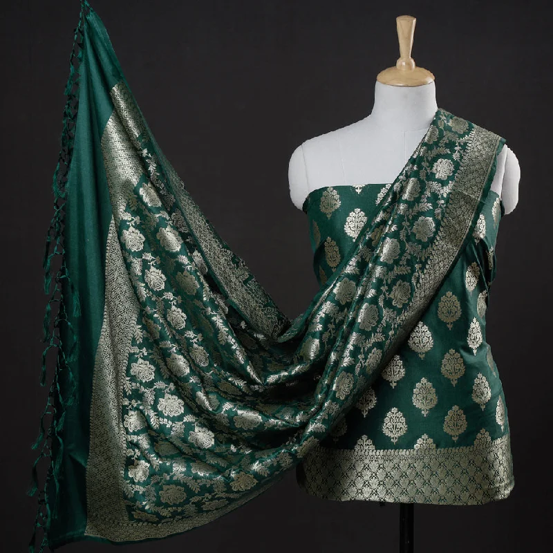 Green - 3pc Banarasi Jaal & Buti Cutwork Zari Work Silk Suit Material Set