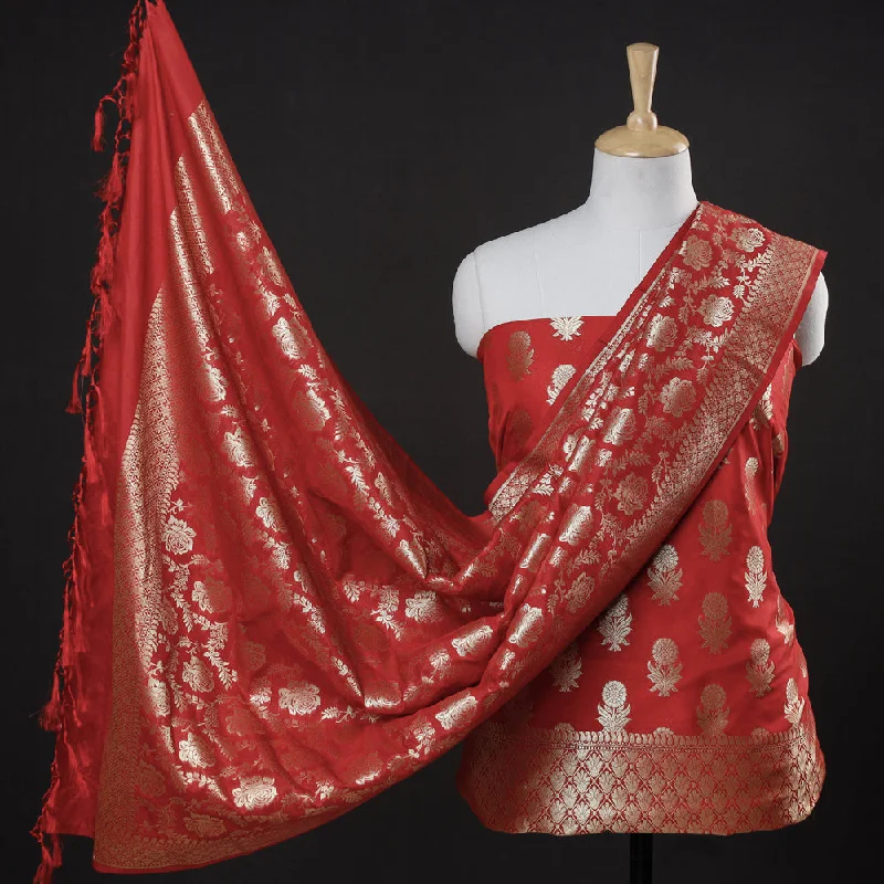 Red - 3pc Banarasi Jaal & Buti Cutwork Zari Work Silk Suit Material Set