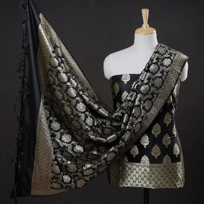 Black - 3pc Banarasi Jaal & Buti Cutwork Zari Work Silk Suit Material Set