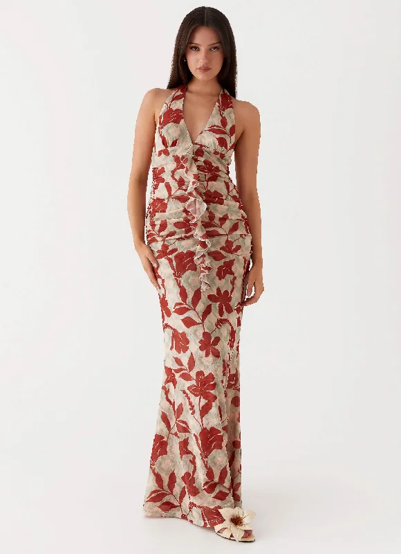 Ardenia Halter Maxi Dress - Red Green Floral