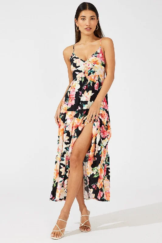 Black Floral Maxi Dress Sleeveless V-Neck