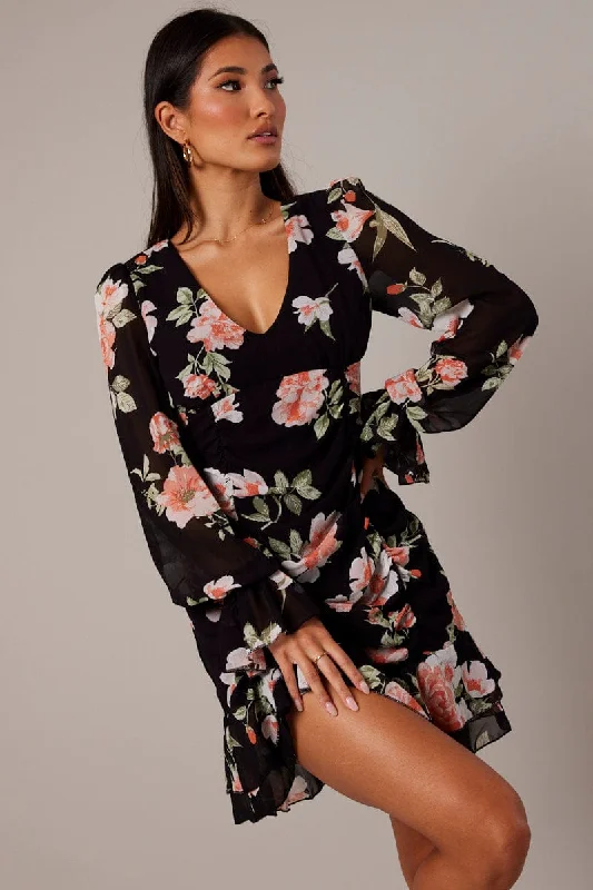 golf-inspired mini dress -Black Floral Ruffle Dress Long Sleeve Flared Cuff Mini Dress