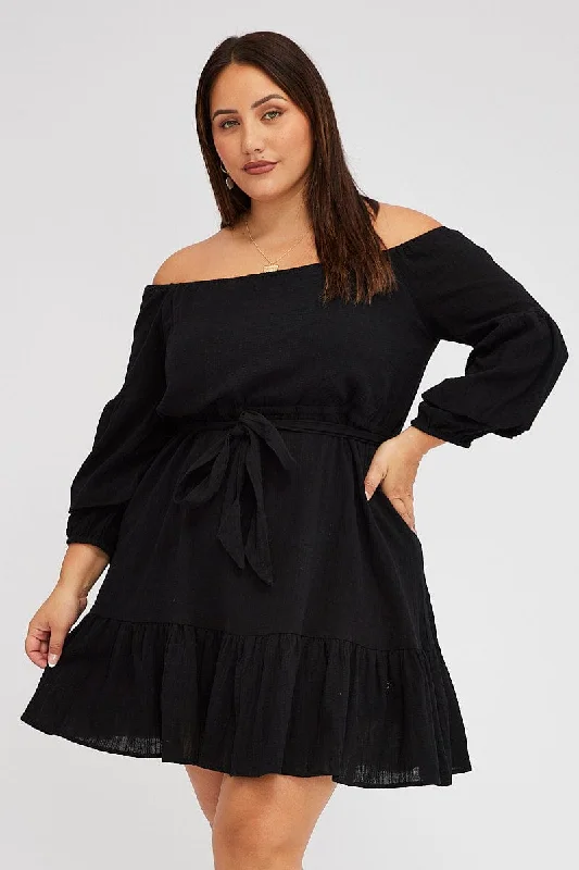 Black Mini Dress Off Shoulder Textured