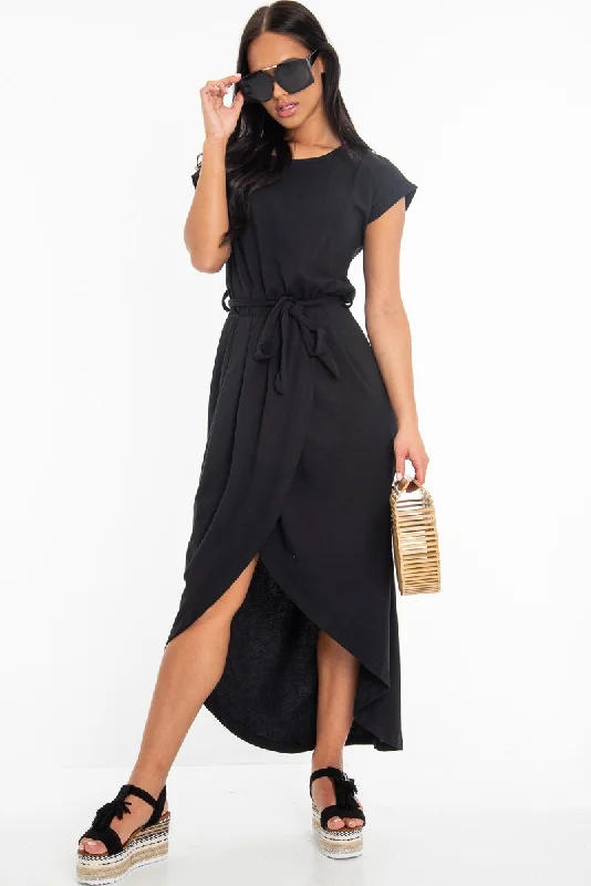 Black Scoop Neck Belted Wrap Maxi Dress - Allie