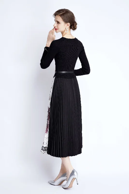 Black & White Cocktail A-line Crewneck Long Sleeve Maxi Pleated Dress