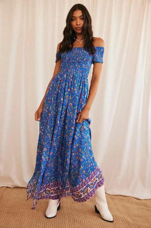 Blue Boho Maxi Dress Off Shoulder