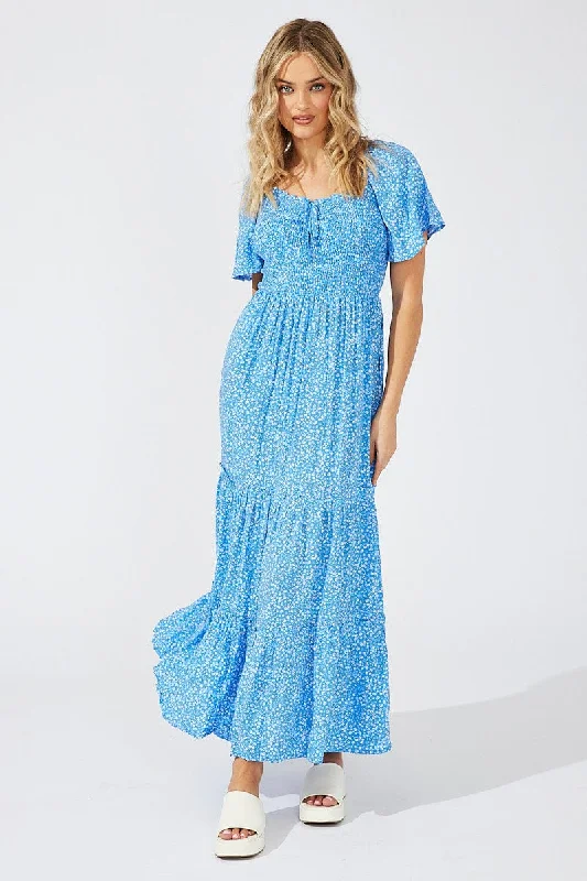 Blue Ditsy Maxi Dress Short Sleeve Shirred