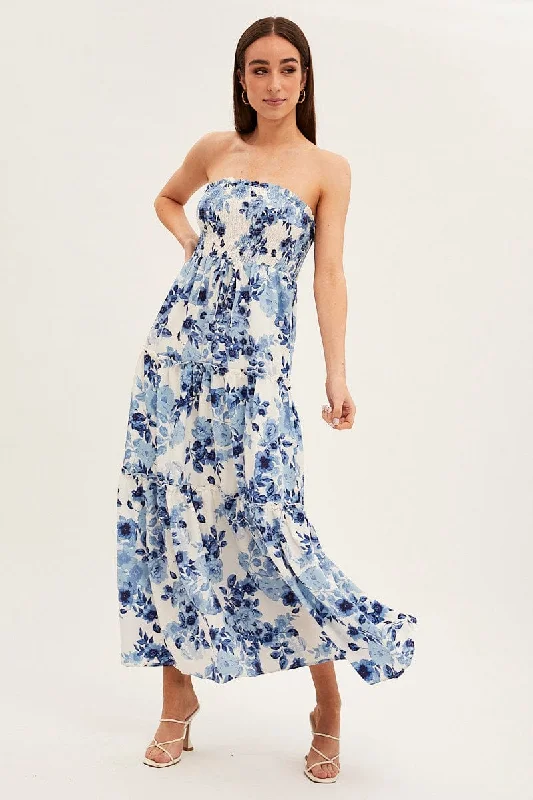 Blue Floral Maxi Dress Shirred Bust Strapless