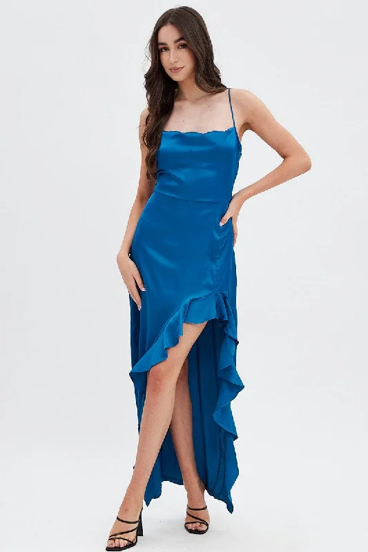 Blue Ruffle Maxi Satin Cowl Neck Dress