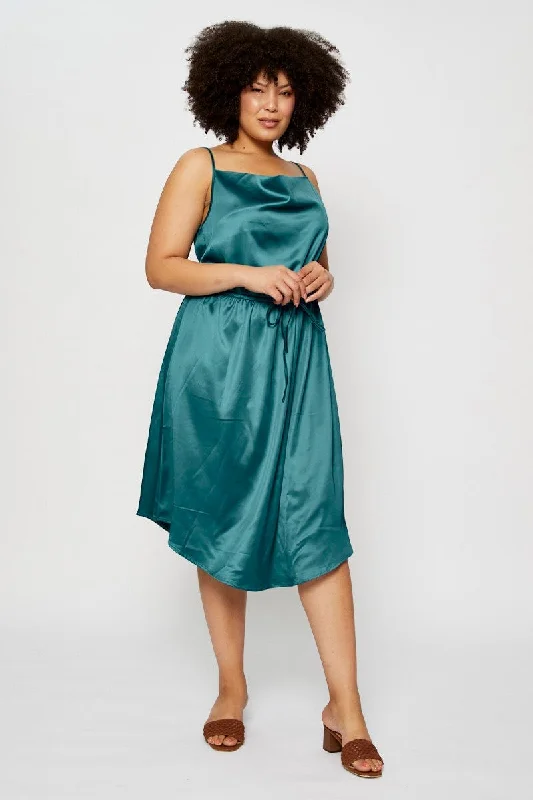 Blue Midi Satin Dress Cowl Neck Sleeveless