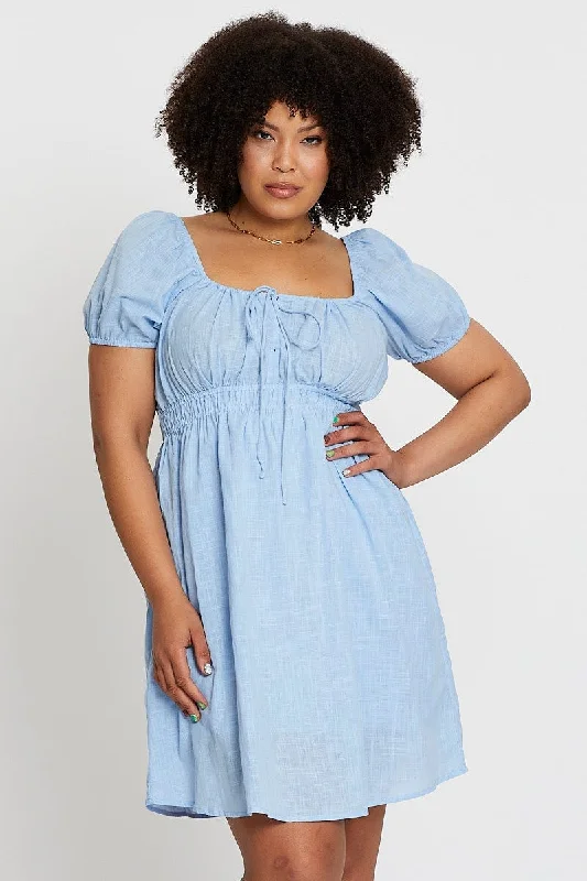 structured mini dress -Blue Short Capped Sleeve Mini Dress