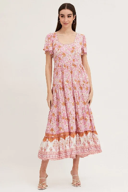 Boho Print Hem Frill Dress Short Sleeve Maxi Square Neck