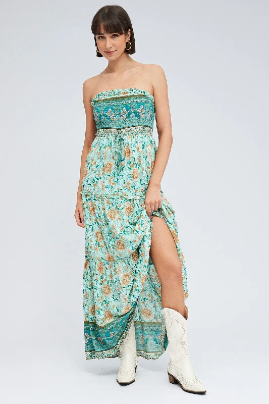 Boho Print Maxi Dress Bandeau Sun Dress