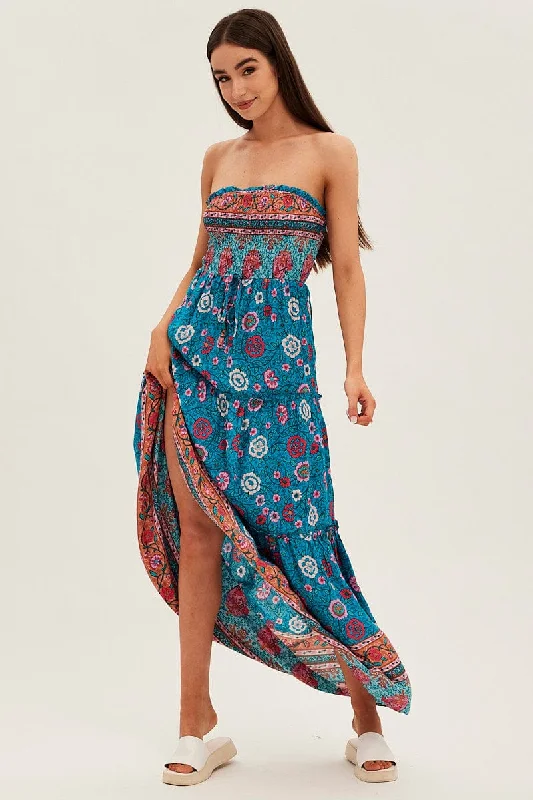 Boho Print Maxi Dress Bandeau Sun Dress