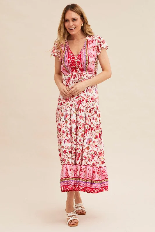 Boho Print Maxi Dress Short Sleeve V-Neck