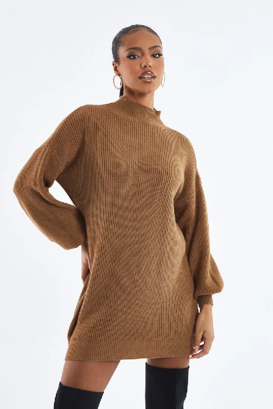 Brown Oversized Knit Jumper Dress - Inez